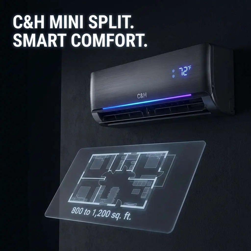 Black brushed metal c&h mini split air conditioner with digital display at 72f perfect for 800-1200 sq ft best buy ac