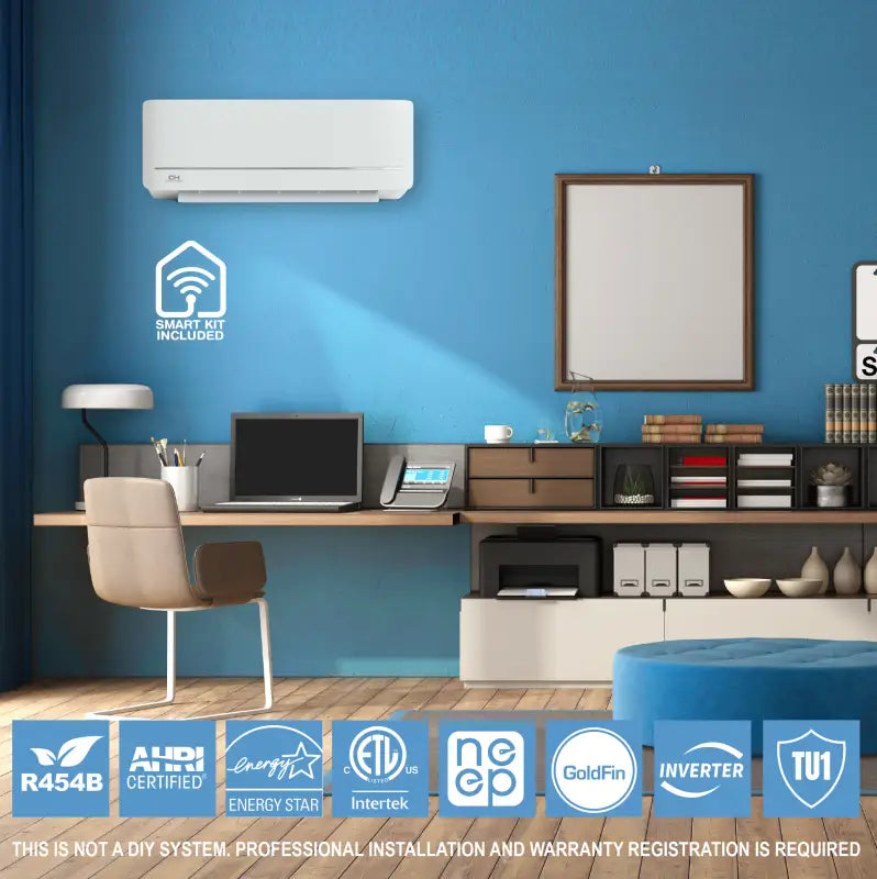 Sleek white ductless mini split AC, 9000 BTU with smart kit