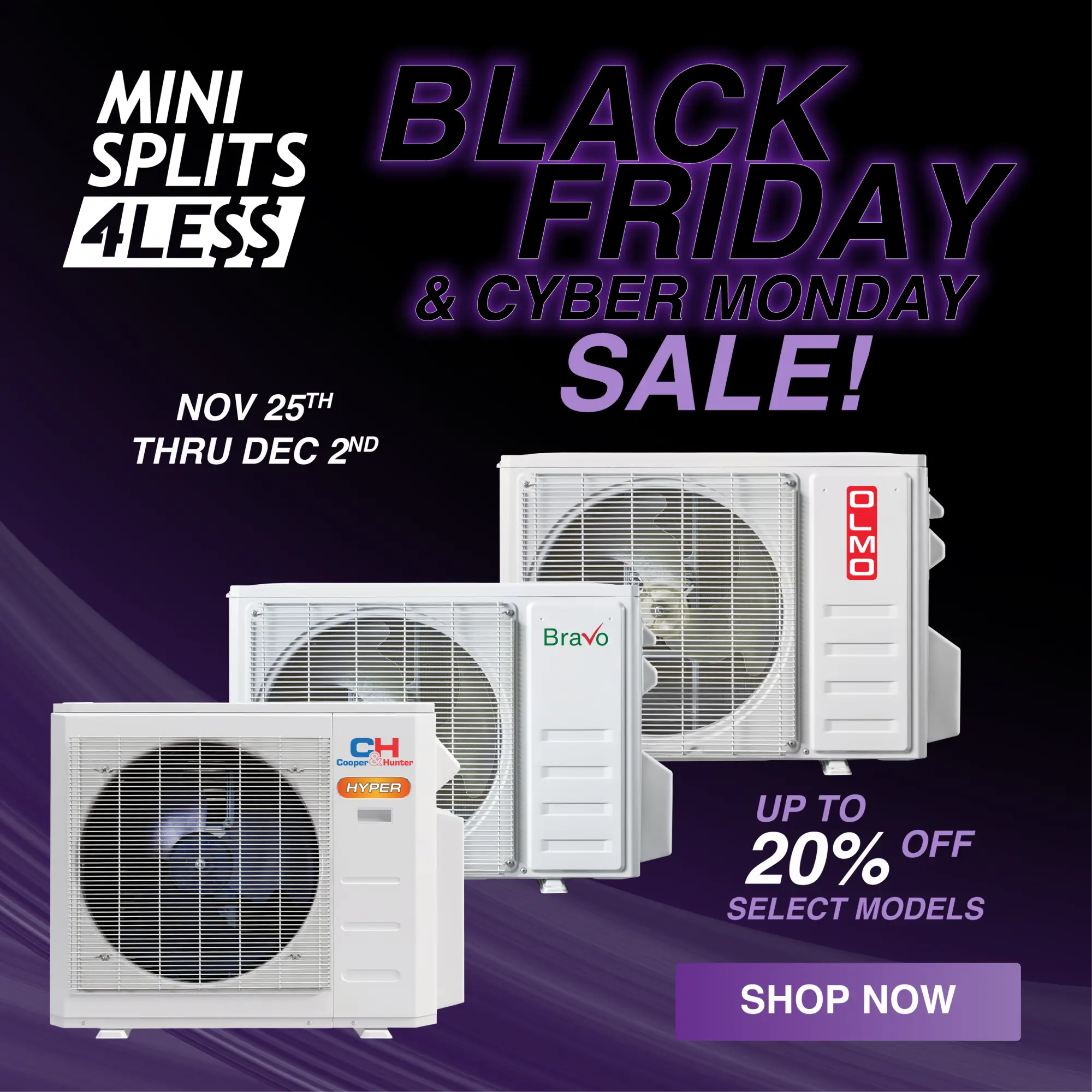 White mini split AC with black grille, silver fan motor - Black Friday sale
