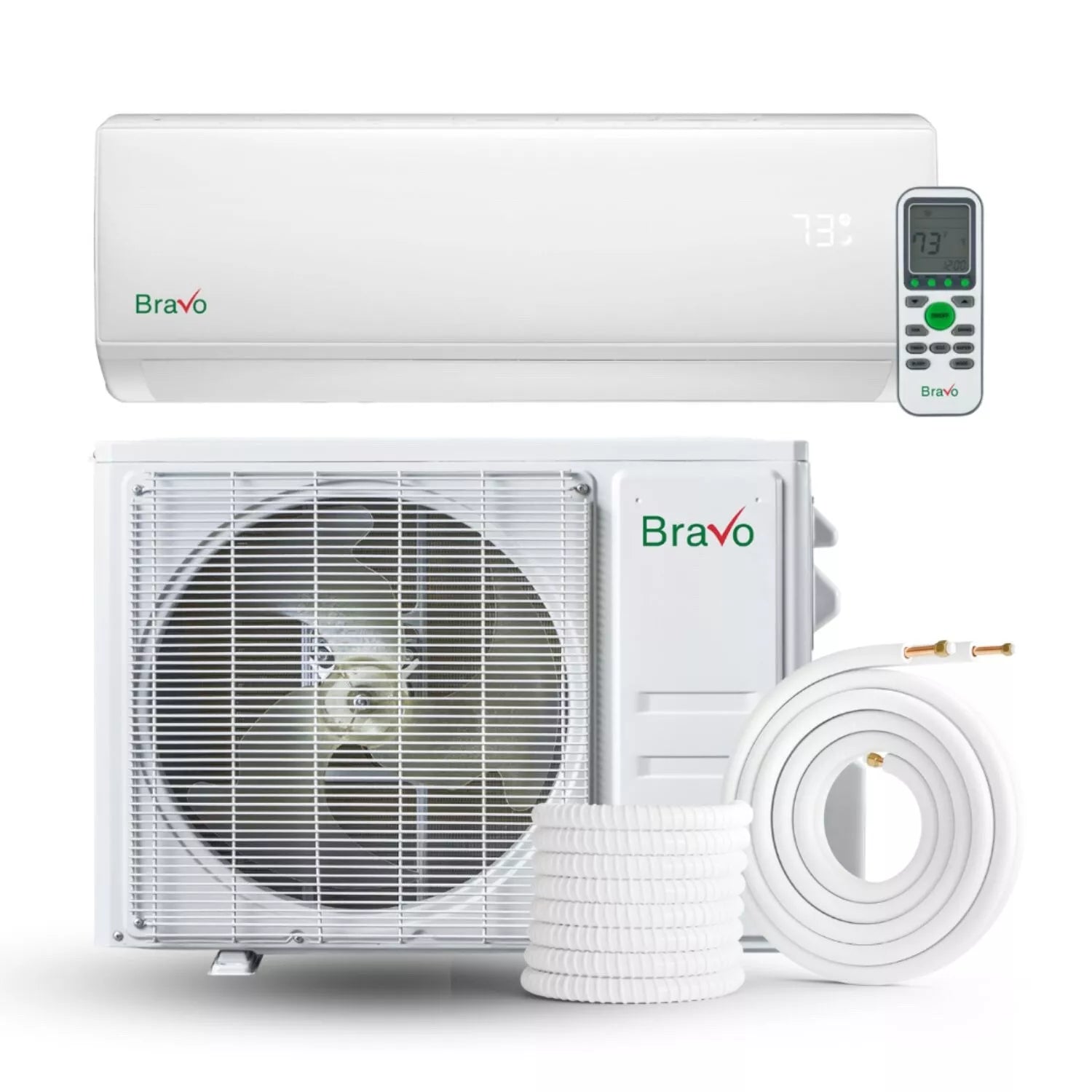 White mini split wall mounted Bravo series heat pump with remote in collection Bravo