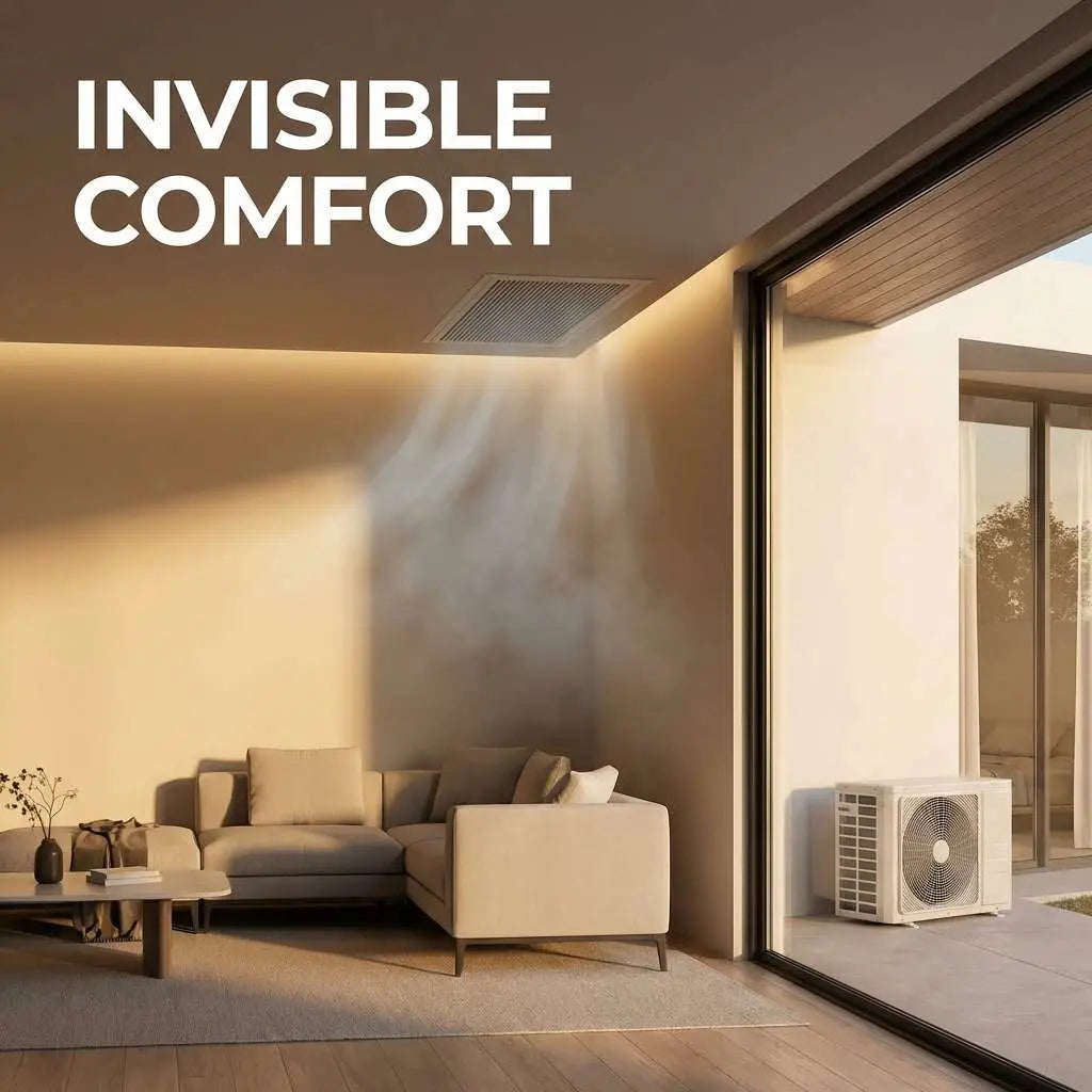 White ceiling-mounted ducted air conditioner unit with sleek design and airflow pattern best buy ac option