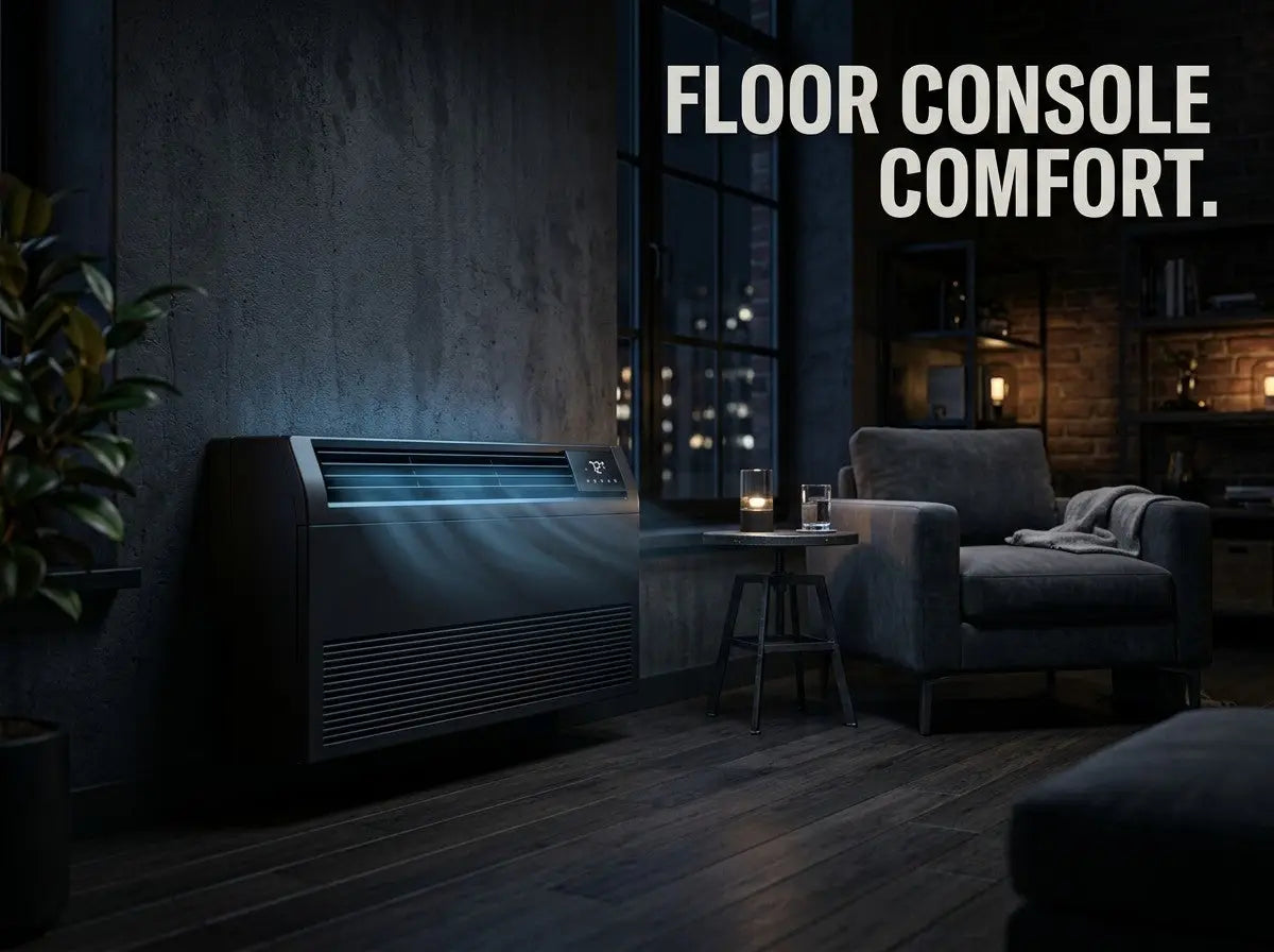 Black floor mounted mini split console ac with sleek horizontal vents and digital control panel for efficient cooling