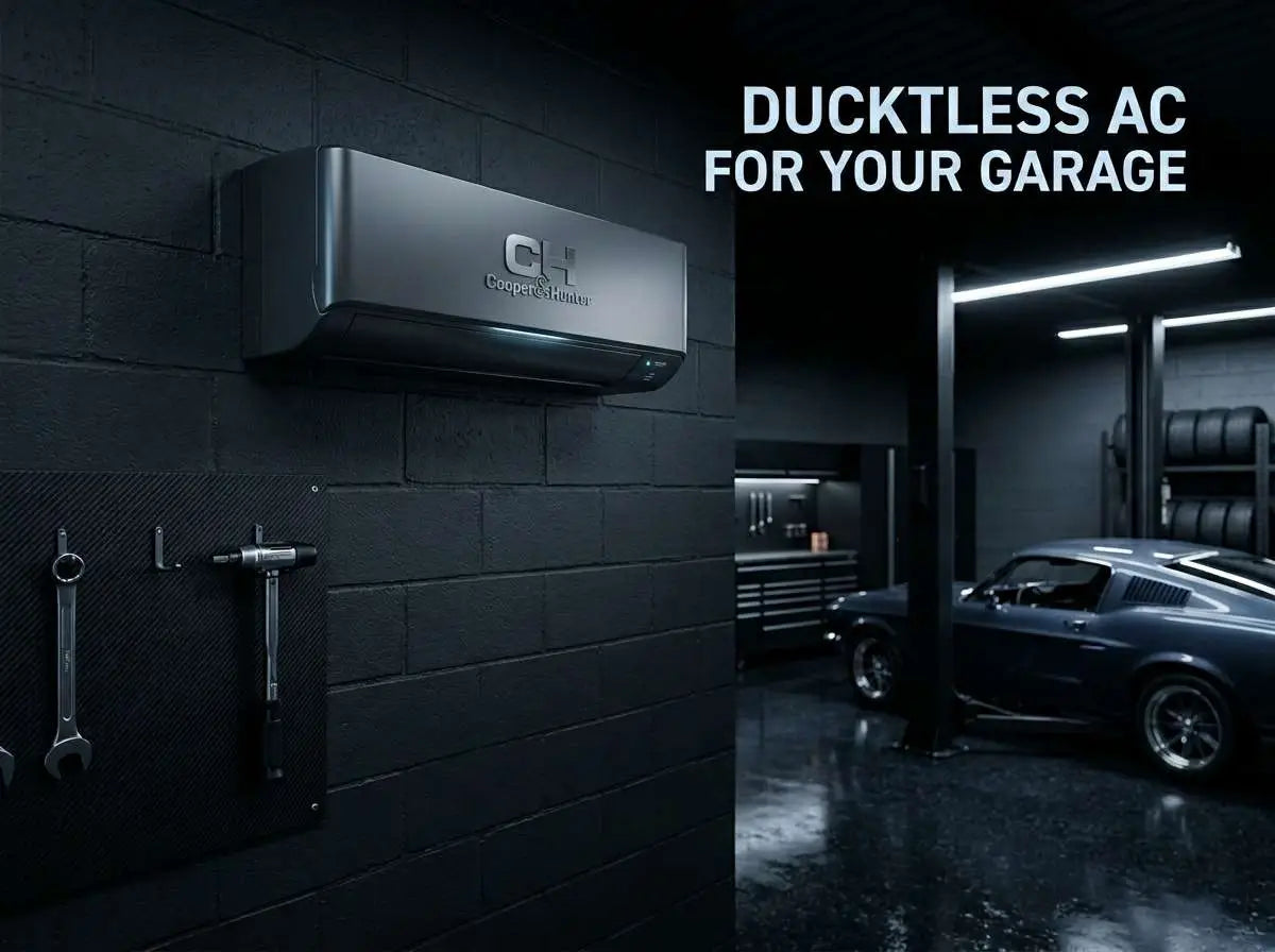 Silver metallic c1 cooper & hunter ductless mini split air conditioner mounted on dark brick wall for garage mini use