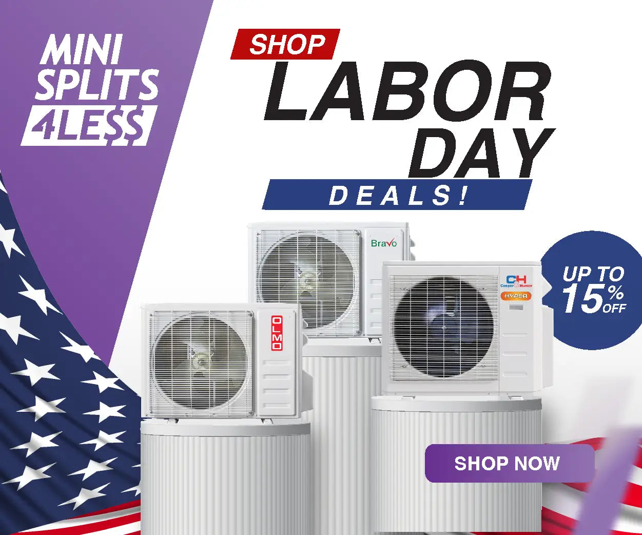 Ad for mini split ductless mini heat pump air conditioning units in Labor Day Sale