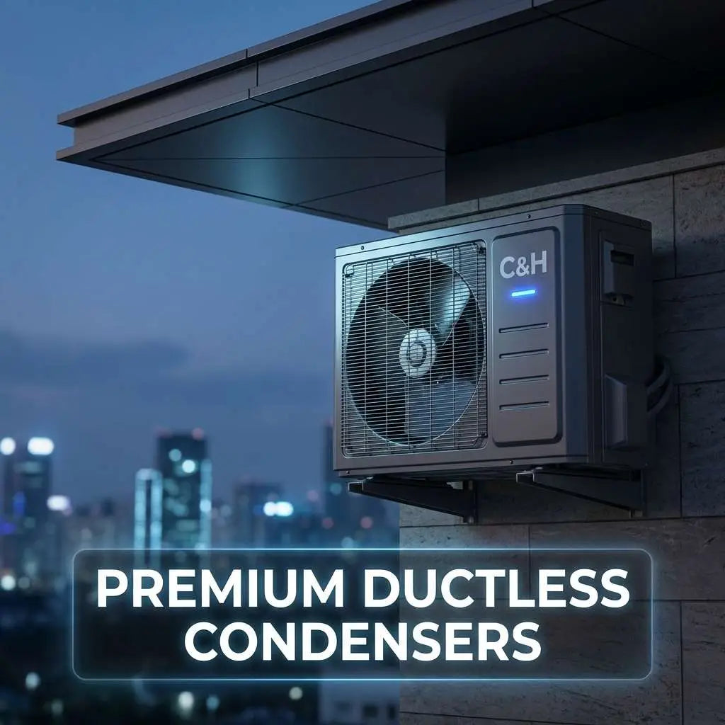Gray c&h premium ductless condenser unit with sleek design and blue led indicator perfect for best buy ac options