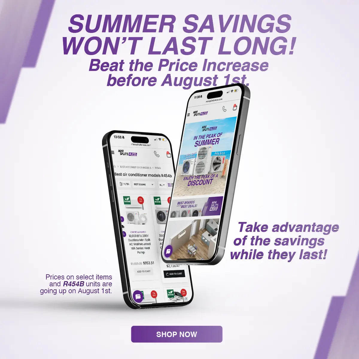 Two smartphones show shopping apps for ductless mini split deals