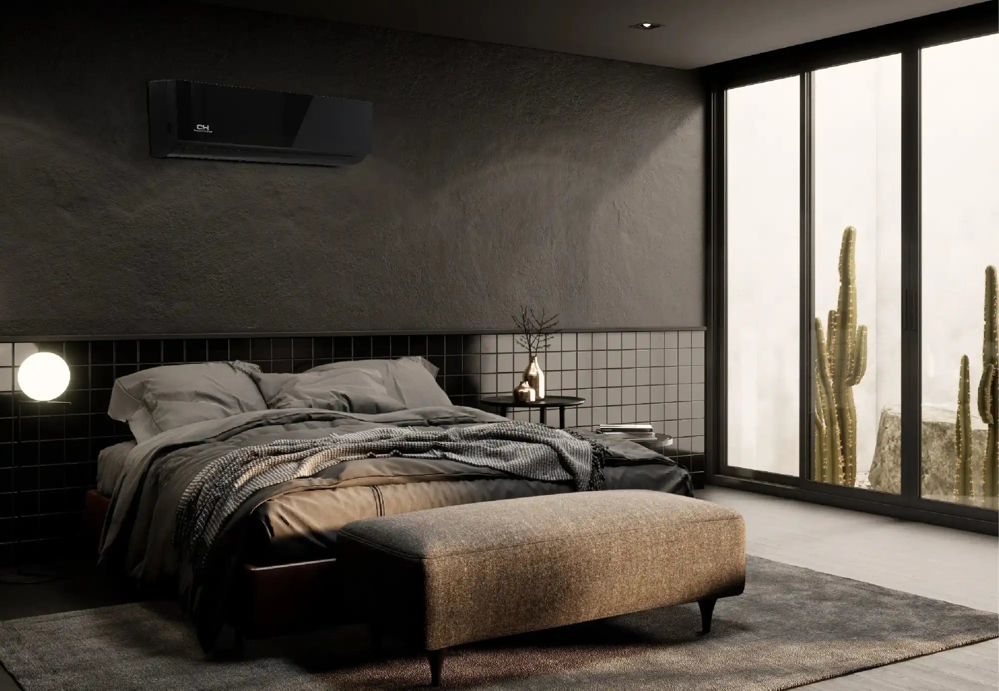 Black and gray bed with dark wood frame, modern design, plush bedding, textured ottoman, minimalist aesthetic.