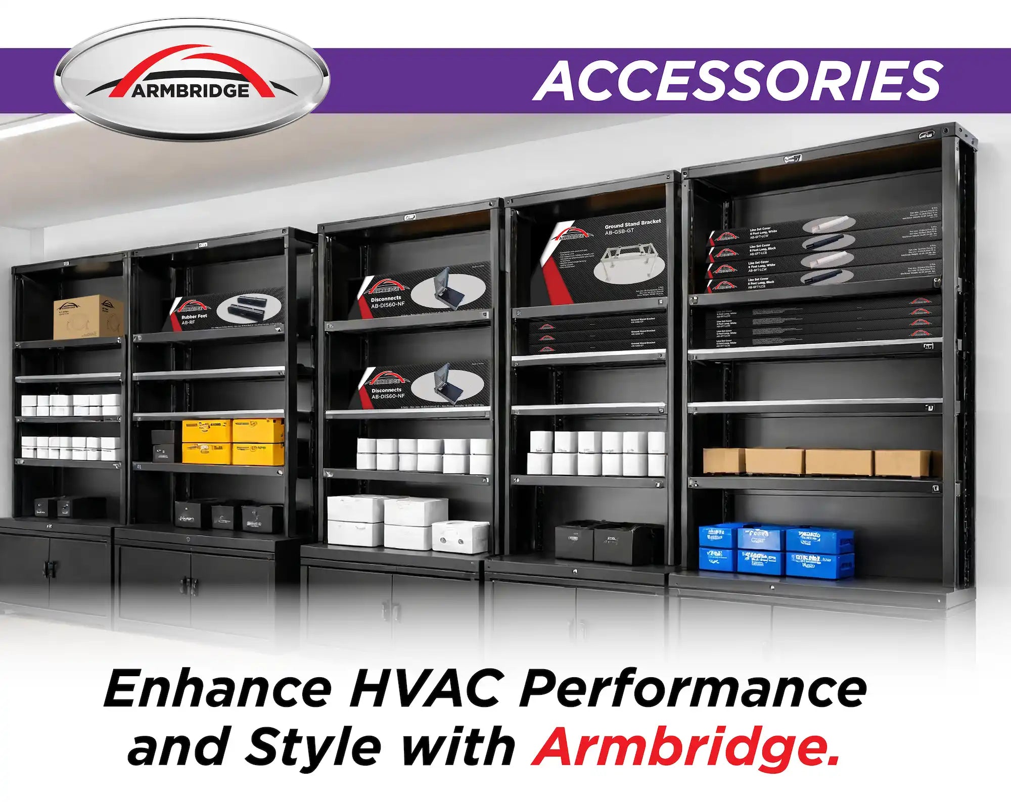 Black metal shelving unit with various hvac accessories and components.