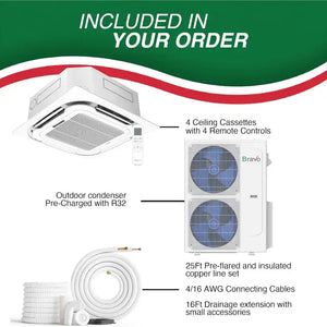 BRAVO 42,000 BTU 4 Zone 9000 + 9000 + 9000 + 18000 BTU Ceiling Cassette Ductless Mini Split A/C and Heater with 25ft Installation Kits