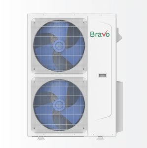 White Bravo Milano 42,000 BTU ductless mini split outdoor condenser with blue fans
