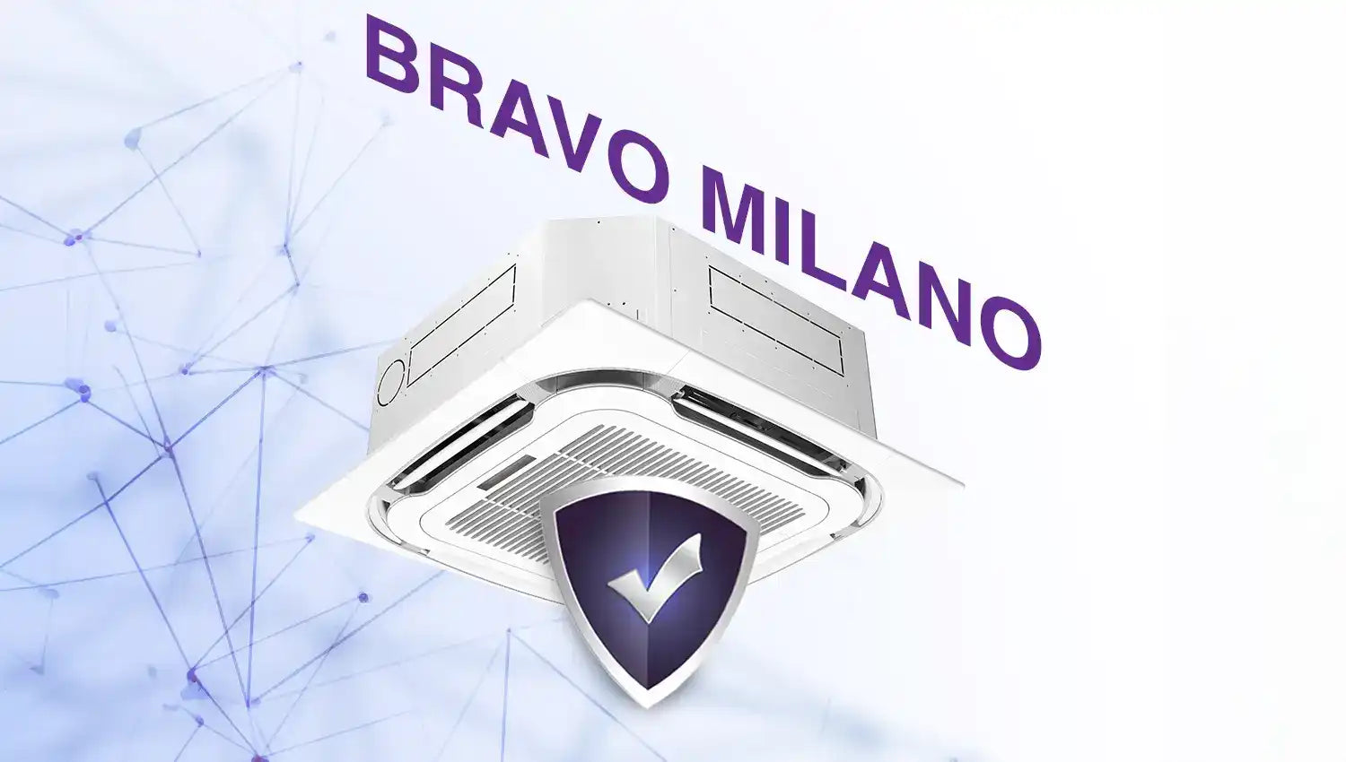 Bravo milano air conditioning unit with purple shield logo and silver metallic finish.