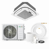 White bravo pisa single zone ceiling cassette air conditioner with gray panel and outdoor condenser unit