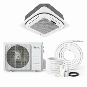 White bravo pisa ceiling cassette with gray panel and silver grille plus outdoor condenser 9000 btu single zone heat pump