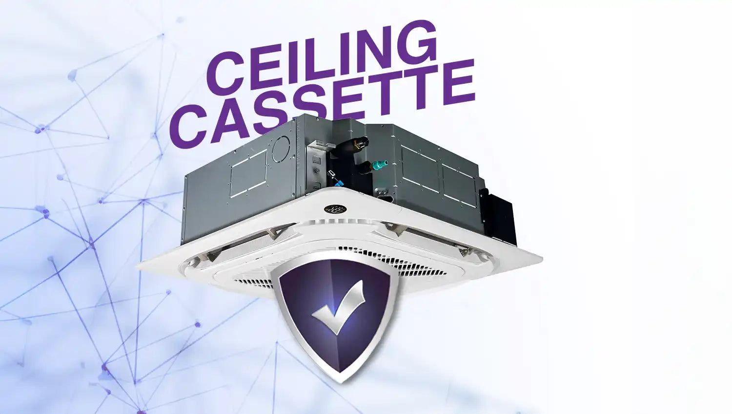 Ceiling cassette air conditioning unit with a sleek white and silver design, featuring integrated controls for efficient climate control.