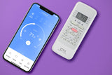 Smartphone shows temperature control app with Cooper & Hunter PTAC packaged terminal remote