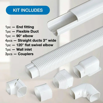 Cooper&Hunter 12FT insulated pre-flared PVC line set cover kit for ductless mini split with white plastic rain gutter featuring flexible duct and connectors