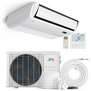 Cooper & Hunter 18,000 BTU 230V ductless mini split air conditioner with indoor ceiling unit, outdoor compressor, remote control, and installation kit
