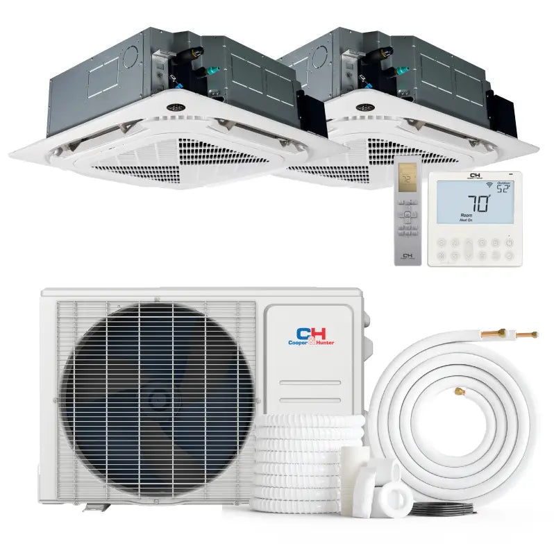 Mini-split air conditioning system with dual zone ductless ceiling cassette for efficient cooling