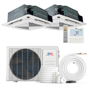 Mini-split air conditioning system with dual zone ductless ceiling cassette for efficient cooling