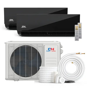 Air conditioning system with indoor and outdoor units for the 2 Zone OLIVIA Midnight Ductless Mini Split AC by Cooper & Hunter