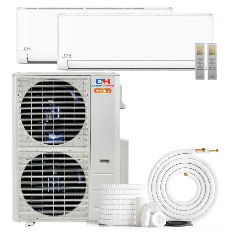 White multi-zone mini-split AC from Cooper & Hunter Hyper Heat Series, dual zone ductless design
