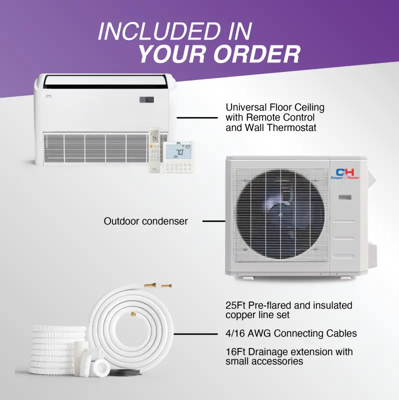 Ductless mini split system with indoor outdoor units for universal floor ceiling setup