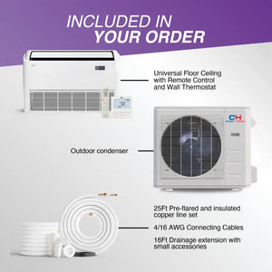 Ductless mini split system with indoor outdoor units for universal floor ceiling setup