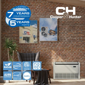 White floor-standing ductless mini split AC unit for universal floor ceiling setups