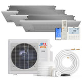 White cooper and hunter 28000 btu 3-zone hyper heat one-way cassette mini split heat pump with matching outdoor unit