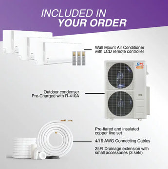 Air conditioning system components of Cooper & Hunter 3 Zone Ductless Mini Split AC