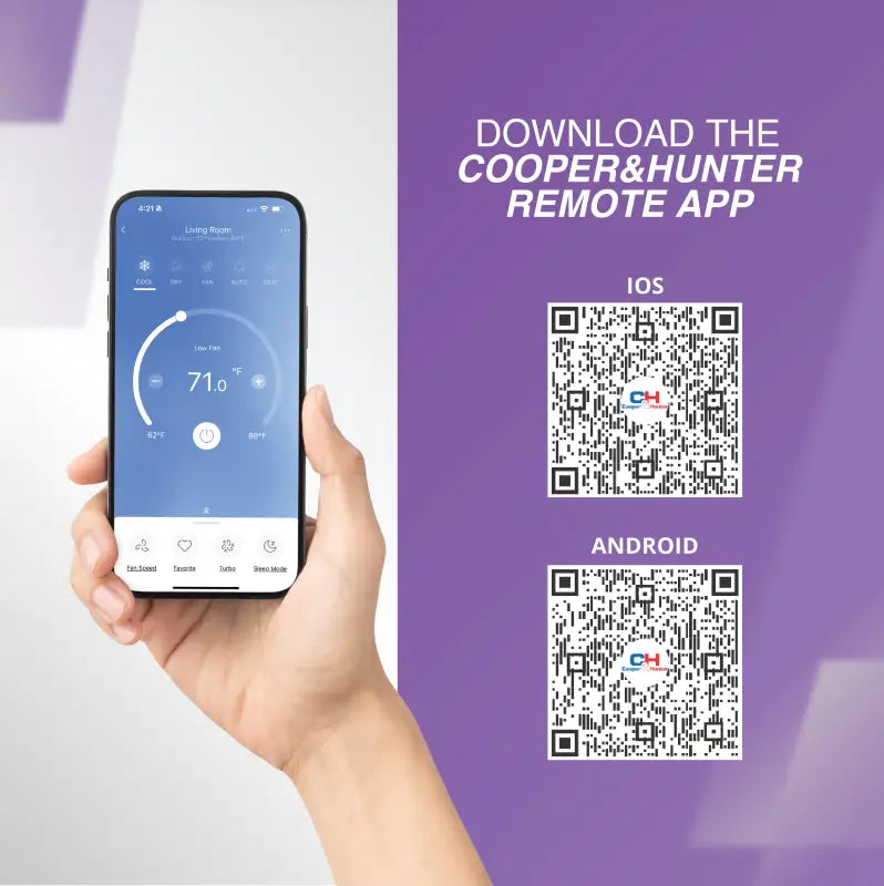 Hand holding smartphone with remote app for cooper & hunter C&h Sophia series minisplits4less