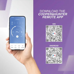 Hand holding smartphone with remote app for cooper & hunter C&h Sophia series minisplits4less