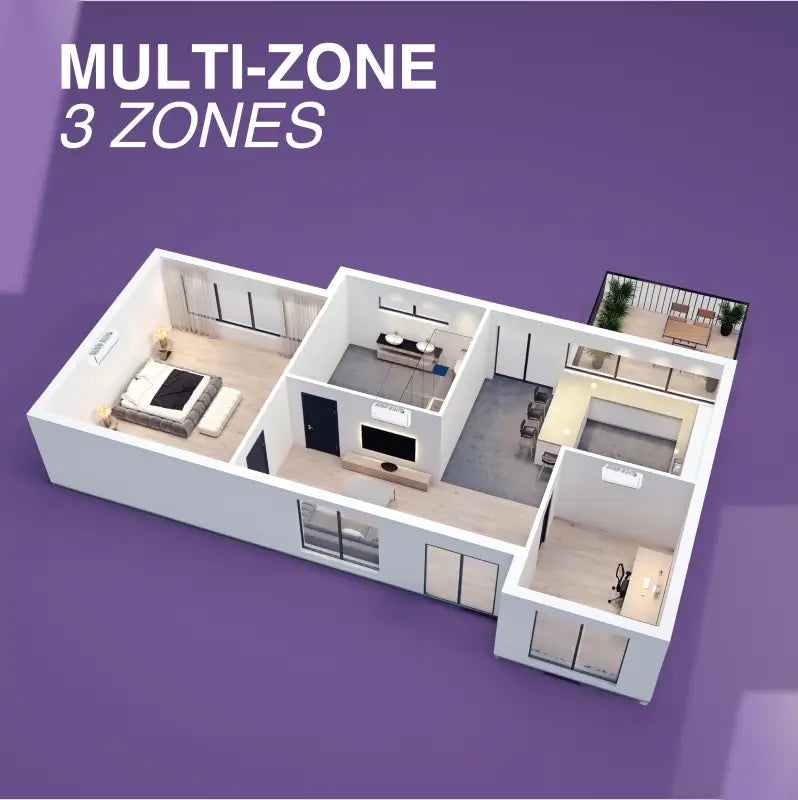 Three-zone apartment floor plan for Cooper & Hunter tri zone multi ductless mini split AC
