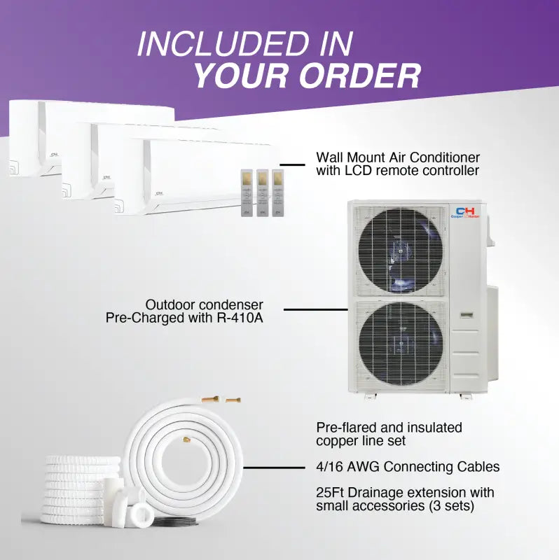 Air conditioning system components of Cooper & Hunter 3 Zone 48,000 BTU ductless mini split