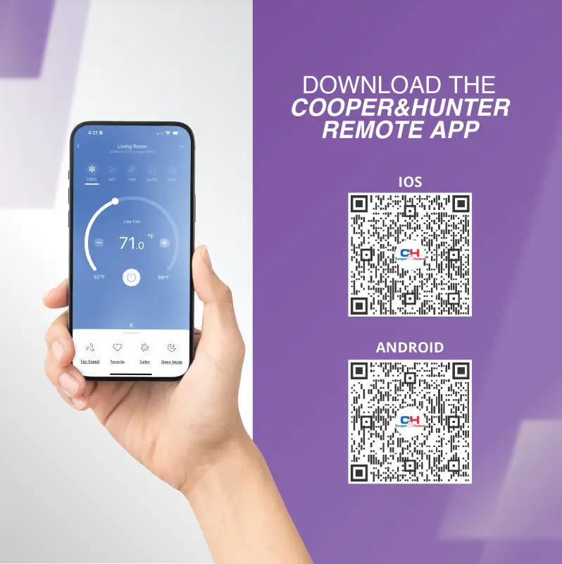 Hand holding smartphone with thermostat interface for Cooper & Hunter tri zone mini split