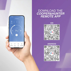 Hand holding smartphone with thermostat interface for Cooper & Hunter tri zone mini split