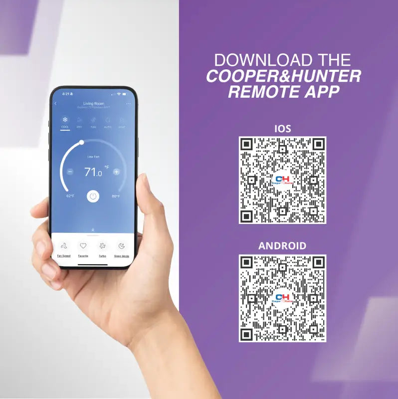 Hand holding smartphone with temperature control app for Cooper & Hunter Hyper Series Light Ceiling Cassette AC
