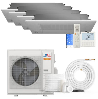 White cooper hunter hyper ceiling-mounted mini split heat pump with matching outdoor condenser ch-rsh06-12mct1w