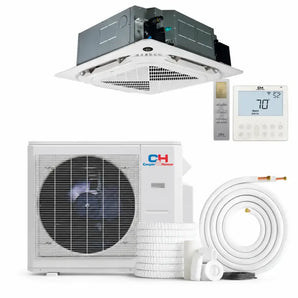 White Cooper & Hunter 36000 BTU Ductless Mini Split Ceiling Cassette Air Conditioner with outdoor condenser, remote control, and wall thermostat
