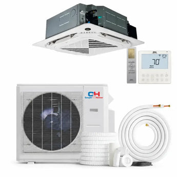 White Cooper & Hunter 36000 BTU Ductless Mini Split Ceiling Cassette Air Conditioner with outdoor condenser, remote control, and wall thermostat
