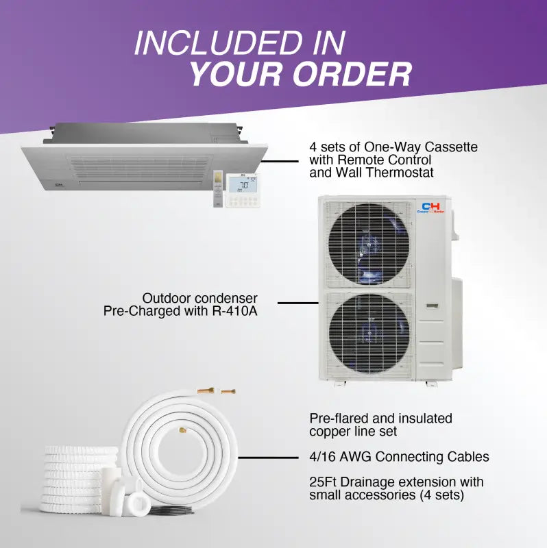 Complete 4 Zone Mini Split AC System with Indoor Cassette and Outdoor Condenser