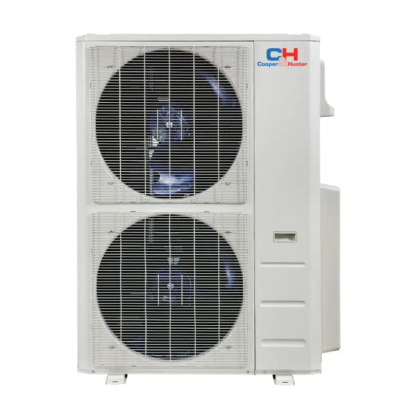 White outdoor mini split unit with two fans for the 4 Zone OLIVIA ductless mini split AC