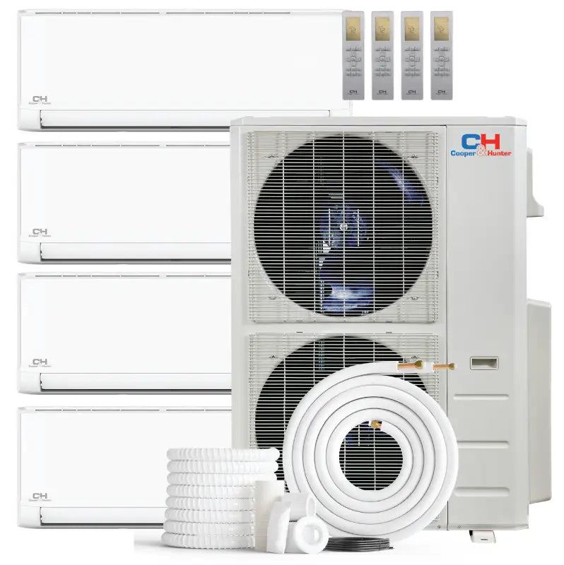 White multi-zone ductless mini split air conditioning system from Cooper & Hunter quad zone multi unit