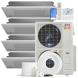 White cooper and hunter 48,000 btu 4-zone hyper heat one-way cassette mini split heat pump with four indoor units and outdoor condenser