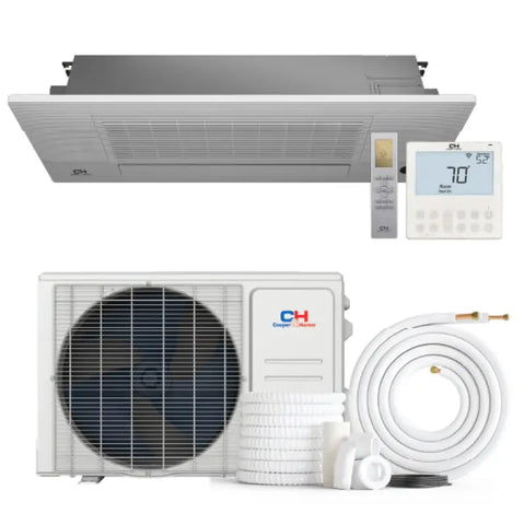 Air conditioning system showing Cooper & Hunter 6,000 BTU ceiling cassette with remote controls