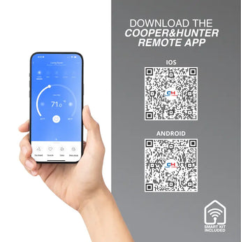 Hand holding Cooper & Hunter app on phone with R454B climate control