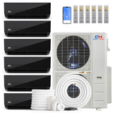 Cooper&Hunter 6-zone R454B mini split AC with 5 black indoor units and white outdoor condenser for climate control