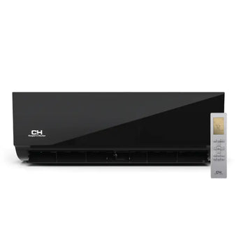 Black glossy Cooper & Hunter wall-mounted mini split AC with silver remote, R454B climate control