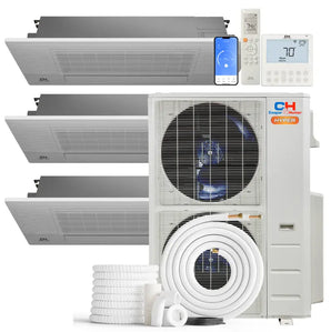 White cooper and hunter cassette mini split heat pump with three ceiling indoor units and outdoor condenser housing