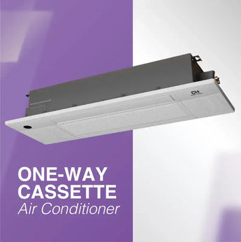White and gray ceiling-mounted one-way cassette mini split heat pump by cooper and hunter with sleek modern design